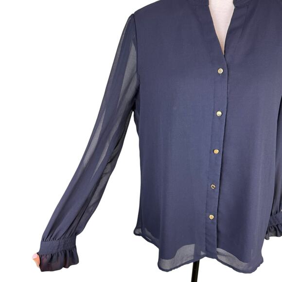 Carmen Marc Valvo Navy Sheer Chiffon Long Sleeve Button Up Business Blouse - Picture 3 of 13